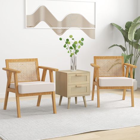 Sillón de Salón con Reposabrazos Respaldo de Ratán y Marco de Madera de Caucho Carga 120 kg Natural y Beige (1/5)