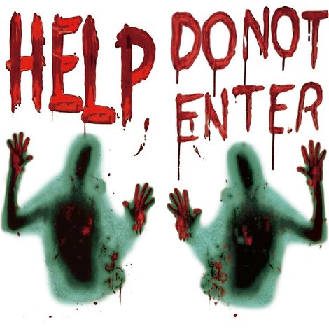 Gran pancarta decorativa para ventana o puerta de Halloween (45 x 60 cm) con una huella de mano ensangrentada y una silueta amenazante. Accesorios de Halloween para una casa embrujada. (1/5)