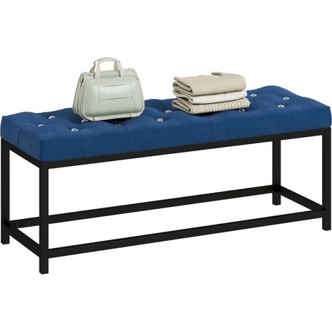 Banco Pie de Cama Tapizado en Terciopelo Diseño Capitoné Base de Metal para Dormitorio Entrada Salón Azul Oscuro (1/5)