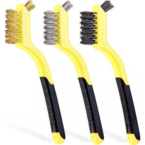 Ein Set aus 3 Drahtbürsten – mit Borsten aus Nylon/Messing/Edelstahl und gebogenen Griffen – zum Entfernen von Rost und Schmutz.