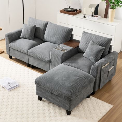 Canapé d'angle gris en L 4 places avec console centrale, 2 porte-gobelets, 2 ports USB, pouf coffre, poches accoudoirs, 2 coussins, velours côtelé (1/5)