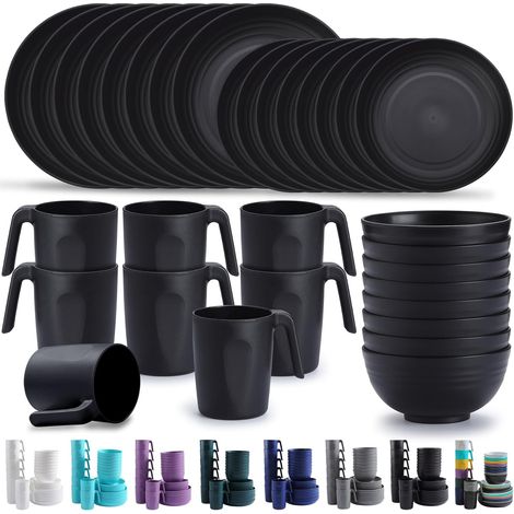 Assiettes Service de Table plastique 32 PCS Service pour 8, réutilisable Assiettes légères Tasses Bols Vaisselle facile à transporter et à nettoyer Cuire au micro-ondes BPA sans lave-vaisselle (1/5)