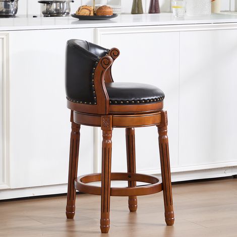 Tabouret de bar moderne pivotant 360° en cuir et bois, chaise de comptoir de cuisine avec dossier