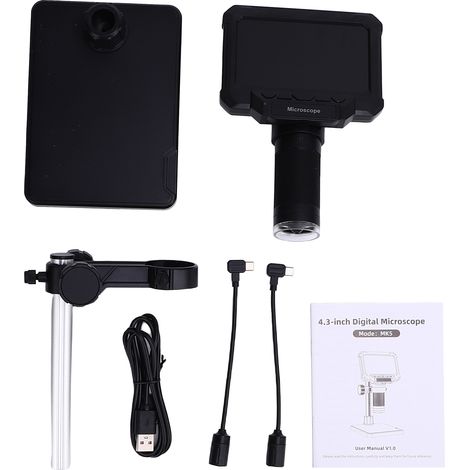 Microscope numérique 4,3 pouces 1000x Magnification - Pour inspection de pièces, bijoux, électronique - avec caméra 10MP, écran LCD, éclairage LED - Compatible PC et Mac - (microscope + base + stand + (1/5)