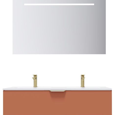 Meuble de salle de bain suspendu double vasque intégrée 120cm 1 tiroir Terracotta + miroir - Venice (1/5)
