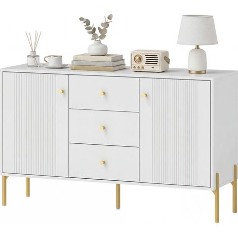Buffet cuisine, meuble de rangement avec 2 portes, 3 tiroirs silencieux, 2 étagères réglables, 5 pieds en acier, blanc (1/5)