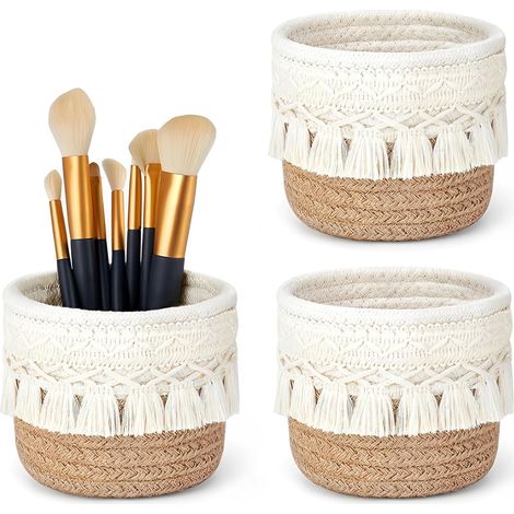 Lot de 3 Pot Pinceau Maquillage en Corde de Coton Tressé, Petit Panier Rangement Bohème 12x10cm, Rangement Pinceaux Maquillage pour Coiffeuse (1/5)