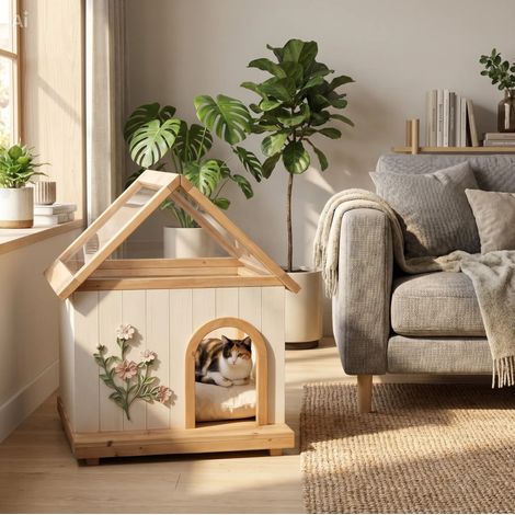 Maison pour chat en bois avec toit acrylique, 68 x 55 x 80 cm, blanche OKMYHOME (1/5)