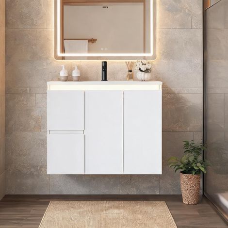 Meuble vasque suspendu blanc laqué avec éclairage LED (1/5)