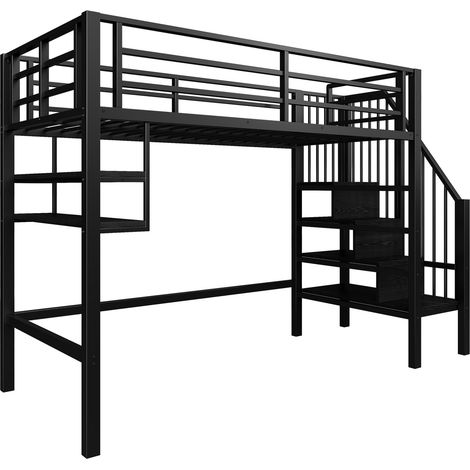 Cama alta infantil 90 x 200 cm de metal y MDF, negra, con almacenaje HOMVRA (1/5)