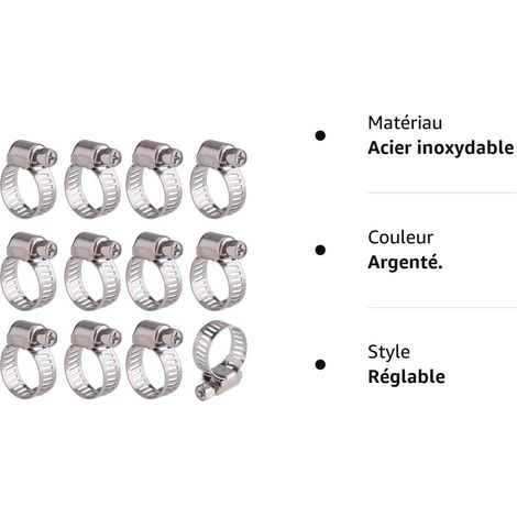 12 Pièces Collier de Serrage Tuyau Ajustable en Acier Inoxydable Tuyau Pinces Clips Fixation (9-16 mm) (1/5)