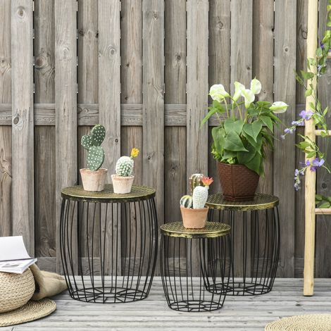 Lot de 3 tables d'appoint rétro, corbeille en métal naturel et noir, 3 dimensions