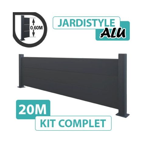 Cloture & Jardin – Clôture aluminium gris anthracite 20m – Poteaux carrés 7,2x7,2cm – Lames double paroi 1,6mm – Montage facile sur muret ou dalle béton