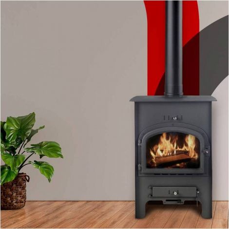 Poêle à bois noir vertical 110 mm – Longueur max bûche 50 cm – Puissance 7 kW – Évacuation des fumées arrière – Classe énergétique A+ – Theca