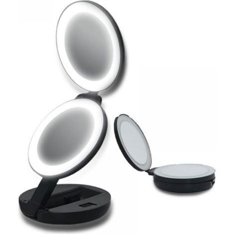 Miroir de maquillage de voyage avec lumières, miroir de courtoisie rechargeable compact 1X/5X, cinq niveaux de luminosité et de hauteur réglables, miroir pliable portable de 4,5 pouces (1/4)