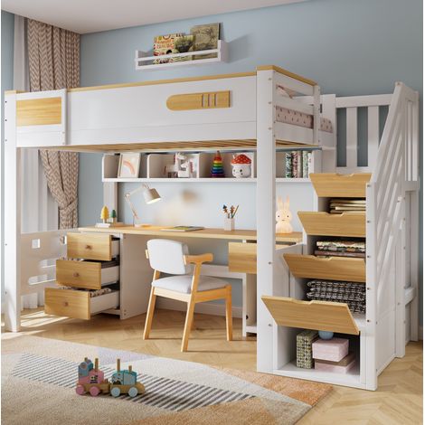 Lit mezzanine enfant 90x200 cm avec bureau, tiroirs, étagère suspendue et escalier de rangement, bois blanc naturel (1/5)