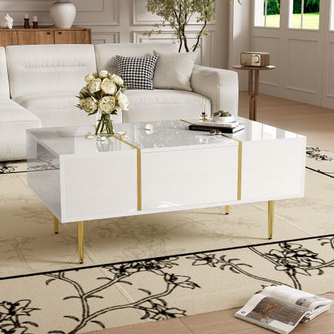 Mesa de centro auxiliar blanca alto brillo con 2 cajones, 100x60x42 cm (1/5)