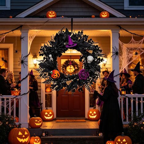 Couronne d ' Halloween saisonnière pour Porte d ' entrée, entrée Ronde Noire et décoration Murale pour la Maison, Les fêtes et la devanture de Magasin, 40 x 40 cm (1/5)