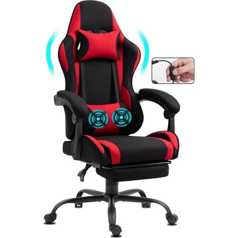 Chaise Gaming en tissu avec repose-pieds et massage rouge (1/5)