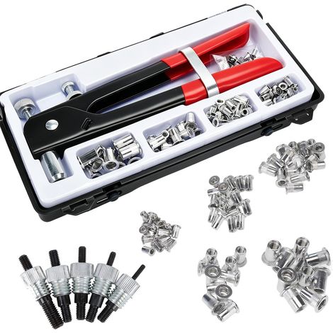 126pcs Pince à Insert Fileté, M3 M4 M5 M6 M8 Pince a Sertir Ecrou a Riveter et 5 Mandrins, Outil a Insert Fileté Ecrou a Sertir en Alu pour Métal Tuyau (Rouge) (1/5)