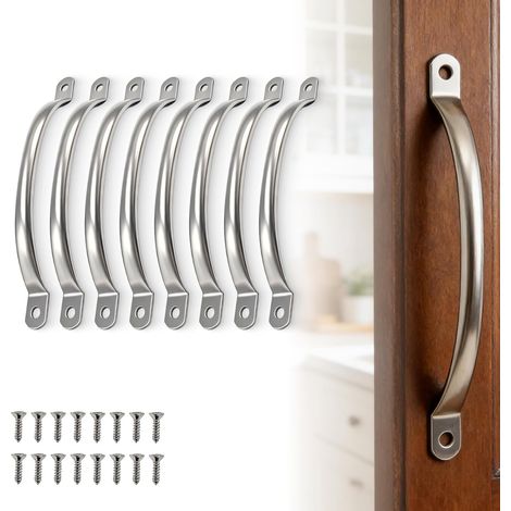 8Pcs Poignées en Acier Inoxydable avec Vis 146mm, Poignées de Porte Coulissante Rétro en Forme d'Arc pour Cuisine, Tiroir, Placard, Portail de Jardin et Dressing (Argent) (1/5)