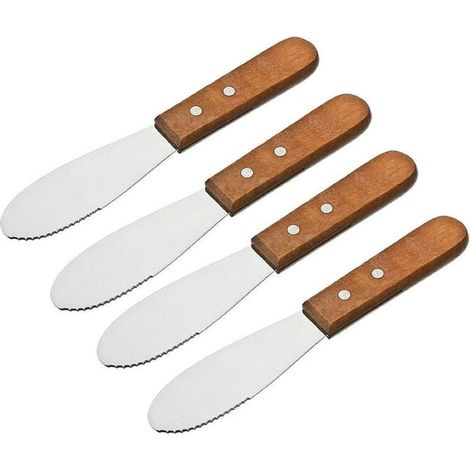 Couteau à beurre large en acier inoxydable, lot de 4, lame droite, manche en bois, pour sandwich, fromage à tartiner, pâtisserie et cuisine (1/5)