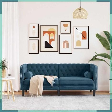 372691 Canapé Chesterfield avec traversins 2 places bleu velours (1/5)