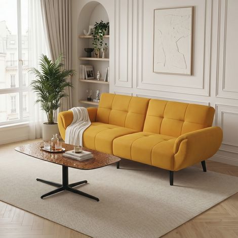 Canapé moderne en tissu, canapé 2 places avec rembourrage en mousse haute densité, canapé rembourré minimaliste pour salon, appartement ou bureau (174 CM, jaune)