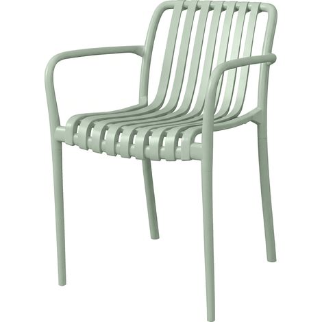 Set mit 4 stapelbaren Gartenstühlen aus UV-beständigem Polypropylen, grau und grün, mit Armlehnen und ergonomischer Lattenrückenlehne