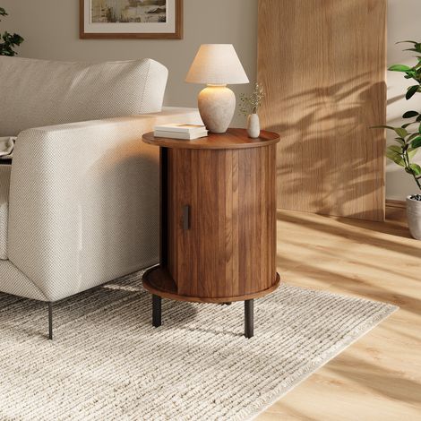 Mueble de almacenamiento redondo 48 x 48 x 65 cm con puerta corredera, color nogal DESVIAE (1/5)