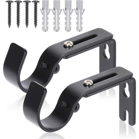 Hochwertige, wandmontierte Gardinenstangenhalterungen – Verstellbare Haken, Eisenhalterungen für Stangen mit 2,5 cm Durchmesser – Schwarz (2 Stück) (1/5)