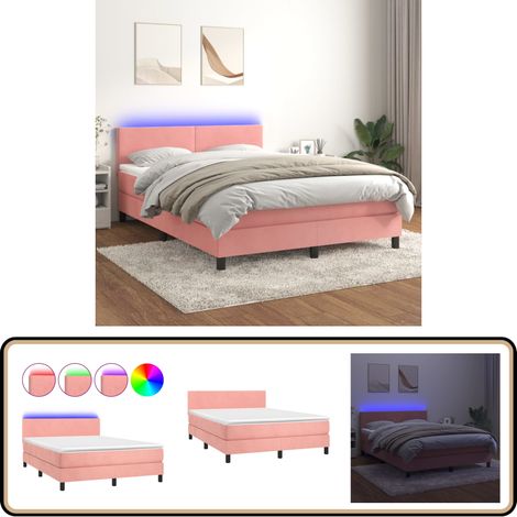 Boxspringbett mit Matratze & LED Rosa 140x200 cm Samt - Boxspringbett - Samtbett - Doppelbett - Rosa Bett - LED Beleuchtung