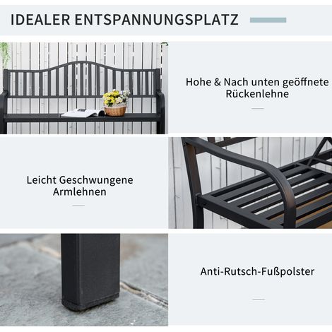 Banc de terrasse 2 places, résistant, avec table réglable, charge max 240 kg, dossier et accoudoirs, parfait pour extérieur et balcon. Dimensions : 150 x 58,5 x 90 cm. Noir. (1/4)