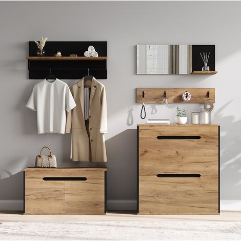 REDOM mueble de recibidor 156x36x176 cm, modular con zapatero abatible, espejo, 4 ganchos, MDF negro y natural (1/5)