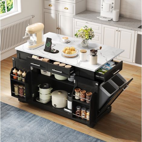 Isla de cocina moderna 138 cm con tablero abatible, ruedas silenciosas, toma UE y cubo, negro (1/5)