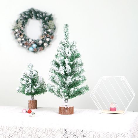 2 morceaux de sapin de Noël, décoration de Noël mini sapin de Noël vert pvc flocage spray sapin à neige petit arbre avec table de base en bois (30 cm, 45 cm) YMYNY (1/5)