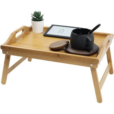 Plateau de service - KKTONER - Plateau petit déjeuner - Bambou naturel - Pliables - Rectangulaire (1/4)