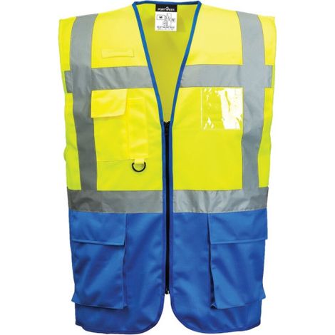 Chaleco Executive Warsaw bicolor de cierre central con cremallera, multibolsillos PORTWEST C476 L Amarillo / Azulina