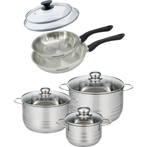 Set de 2 poêles 20 et 24 cm en inox et couvercle, 3 faitouts inox 16, 20 et 24 cm Fackelmann Geneva (1/5)