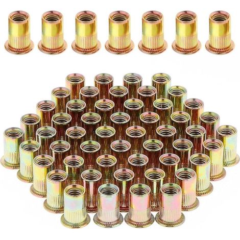 100 tuercas remachables roscadas de cabeza plana M8, tuercas remachables roscadas de acero al carbono cincado, surtido de insertos roscados para remaches M8 para metal y plástico (14 mm x 18 mm) (1/5)