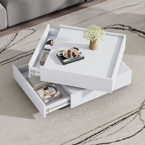 Table Basse - 60x60x38cm - Pivotante 360° avec 2 Tiroirs & Rangement - Design Bicolore - Style Moderne pour Salon - Blanc (1/5)