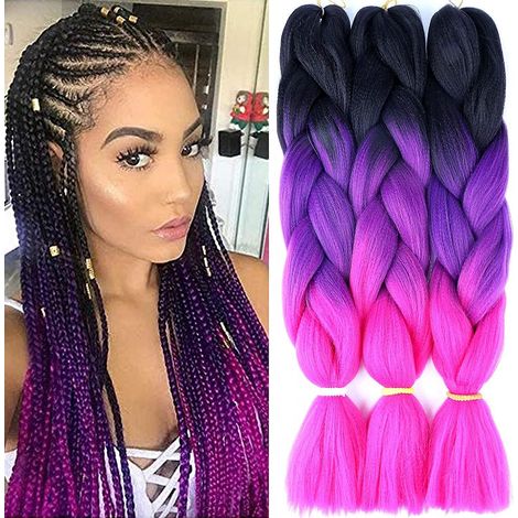 braiding Hair Synthetic Ombre Hair Kanekalon Braiding High Temperature Fiber Crochet Twist Braids (24", 3 Pcs Black+purple+magenta) (1/5)