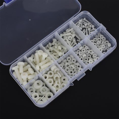 270 pcs/boîte kit d'assortiment vis écrous rondelles nylon M2/M2.5/M3/M4/M5 blanc quincaillerie (1/5)