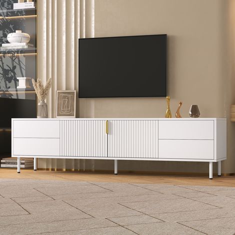 Meuble TV 180 cm, Banc TV avec 4 Tiroirs Push-to-Open, 2 Portes Cannelées et Passe-Câbles, Pieds en Métal, Style Moderne, pour Salon et Séjour, Blanc (1/5)