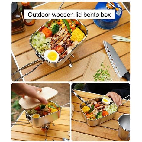 Boîte à lunch anticorrosion, étanche et à isolation thermique, en acier inoxydable avec couvercle en bois, idéale pour le camping et les activités de plein air. (1/5)