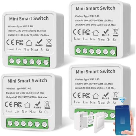 Lot de 4 modules d'interrupteur intelligents 1 voie - Compatible avec Smart Life - Mini modules DIY - Interrupteur intelligent - Interrupteur WiFi - Compatible avec Tuya, Alexa Echo, Google Home (1/5)