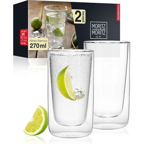 Lot de 2 verres à double paroi de 270 ml - Verres à double paroi pour cocktails, eau, thé, café ou long drinks - Passe au lave-vaisselle (1/5)