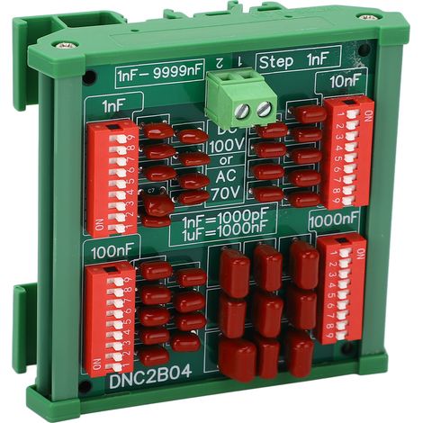 Condensateur programmable 1 nF par pas de 4 chiffres (décade) avec film polypropylène, 100 V CC / 70 V CA, référence DNC2B04, avec rail. (1/5)