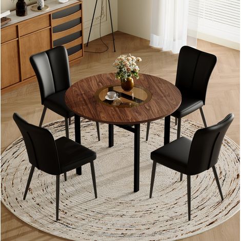 Set da pranzo con tavolo rotondo e 4 sedie, MDF effetto legno marrone, vetro e metallo, nero, Ø100 cm (1/5)
