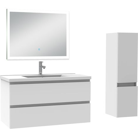 Ocean Ensemble meuble Salle de Bain 100cm avec vasque et colonne et miroir lumineux 3 couleurs blanc (1/5)